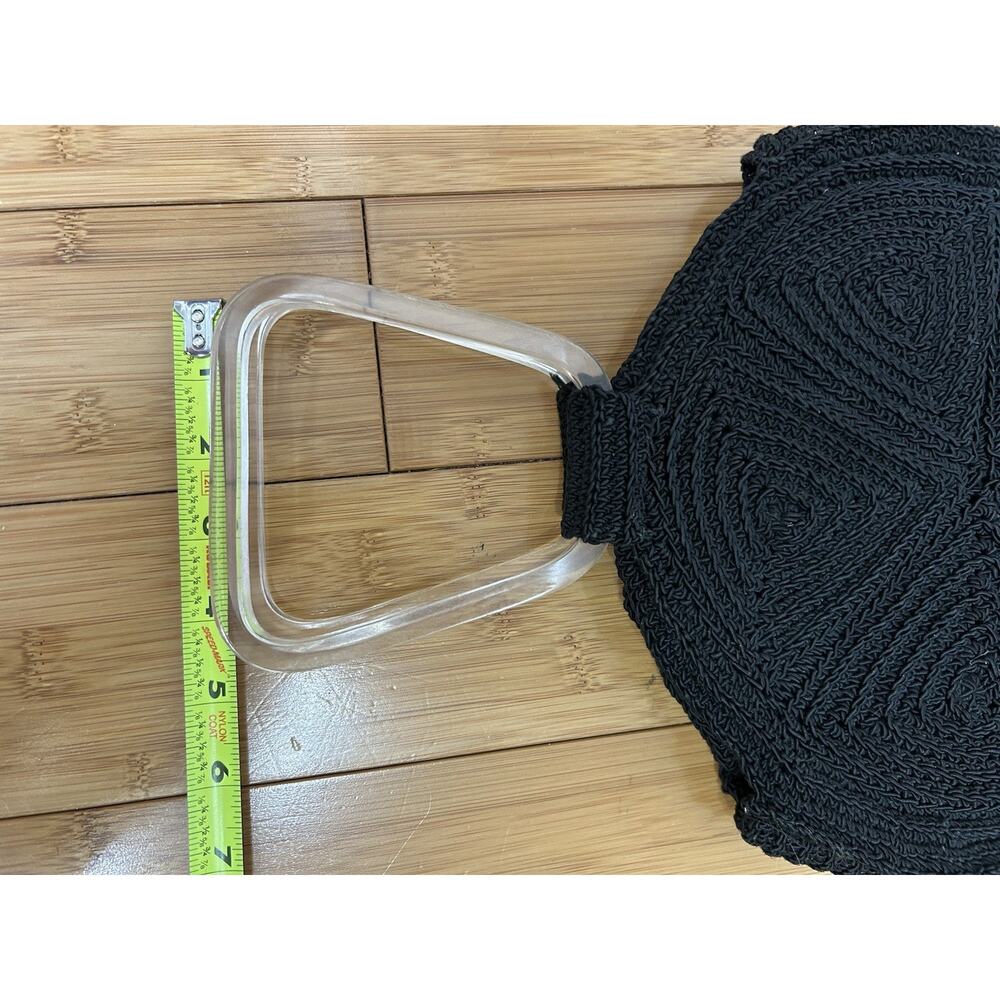 Embroidered Black Round Purse with Lucite Handle & Zipper Contemporary Vintage - Picture 7 of 7